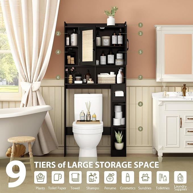 RUSTOWN Rattan Over The Toilet Storage Cabinet, Boho Over Toilet Bathroom Organizer with 2 Doors & Adjustable Shelves, Modern Above Toilet Rack with Toilet Paper Holder for Bathroom, Laundry(Black)