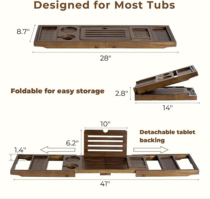 Teak Bathtub Tray, Wooden Tray Caddy for Bathtub, Luxury Bathroom Trays for Home Spa Relaxation, Teak Bathtub Caddy as Housewarming, Wedding Gifts for Women (Walnut Teak)