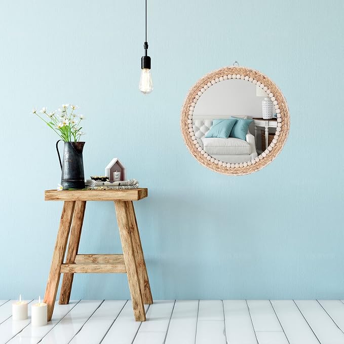 15 Inch Boho Round Hanging Wall Mirror Decorative Rattan Circle Mirrors for Farmhouse, Living Room, Bedroom