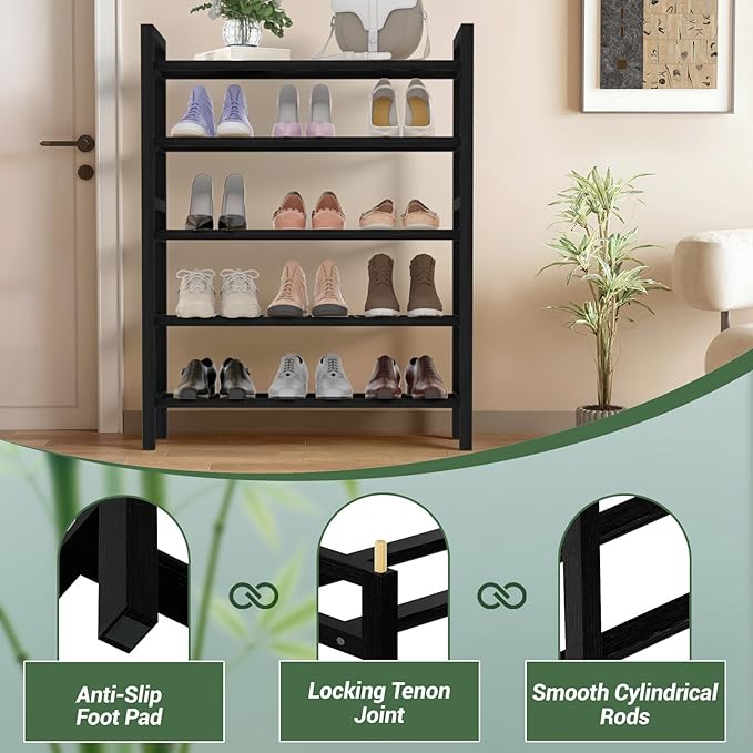 Haddockway Bamboo Shoe Rack for Closet, Free Standing Shoe Organizer with Smooth Round Rods & Convenient Handles, Stackable Shoe Storage Shelf for Entryway, Hallway(Black, 5-Tier(Small))