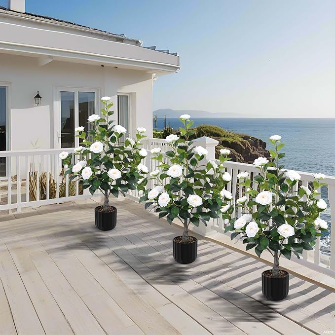 Hananona 2 Pcs Artificial Camellia Trees Faux Camellia Plant in Pot with Flowers Indoor Plants for Spring Home Decor Outdoor Porch Front Door Decor (White, M)