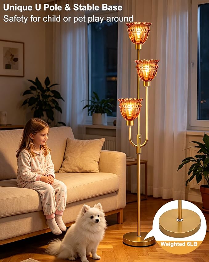 Lightdot 66IN 3-Lights Modern Glass Floor Lamp Gold Dimmable Floor Lamps with 3000K Warm White Bulbs for Wedding Party Tall Standing Lamp with Deep Red Glass Shade for Living Room/Bedroom/Home Decor