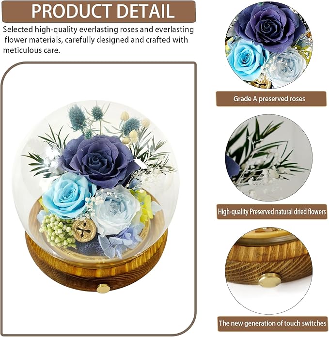 Preserved Real Rose Flowers in Glass Dome with LED Lights,Real Rose Flowers Unique Floral Gift for Girlfriend Mom Wife Girlfriend on Christmas Birthday Anniversary (Starry Sky Blue)