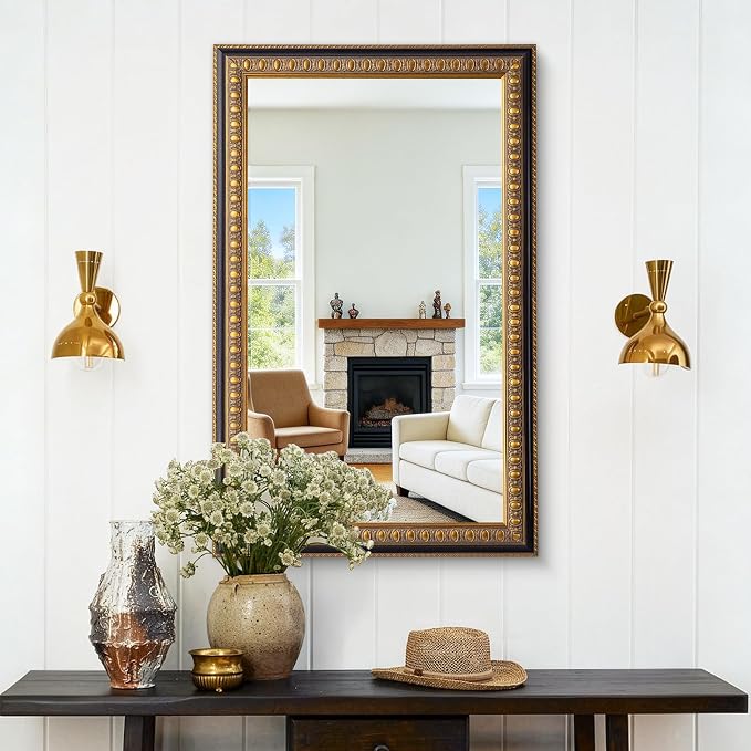 Vintage Gold Mirror for Wall Decor, 43" L x 27" W Baroque Mirror with Carved Frame and Handmade Aged Gold Finish, Rectangular Wood Mirrors for Living Room Bathroom Fireplace