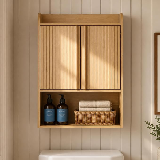 VANIRROR Bathroom Wall Cabinet, 24 x 9.3 x 33 in Wood Finish Wall Mounted Medicine Storage Organizer with Fluted Doors, Raised-Edge Top, Over Toilet Cabinet for Laundry Kitchen