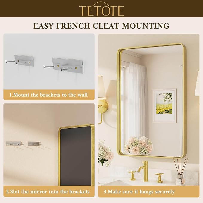 TETOTE 72 x 36 Inch Brushed Gold Bathroom Mirror, Rectangle Metal Frame Champagne Gold Vanity Mirror, Modern Round Corner Large Wall Mirrors Shatterproof (Horizontal/Vertical)