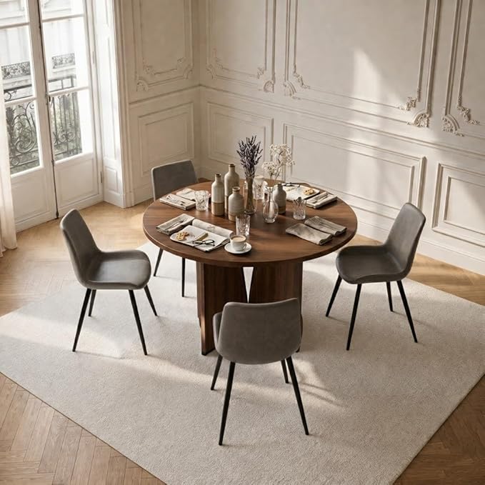 HIPIHOM Modern Round Dining Table Set for 4, 39.4" Walnut Kitchen Table with 4 PU Leather Chairs, 5-Piece Mid-Century Dining Room Set for Small Spaces, Pedestal Base