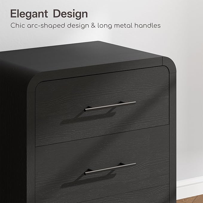 Curved 3-Drawer Nightstand Dresser Set of 2, 23.6'' Wide Modern Wood Bedside Tables with Long Metal Handles, Large Storage End Tables for Bedroom, Office, Black