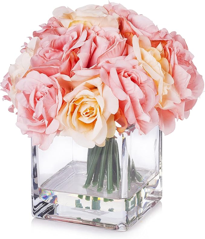 Enova Floral 18 Pieces Artificial Silk Roses Fake Flower Arrangement in Cube Glass Vase with Faux Water for Home Office Wedding Decoration (Pink)