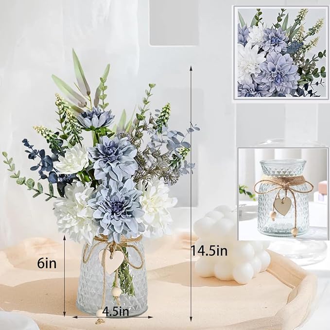LADADA Artificial Flowers in Glass Vases, Silk Dahlia in Vases, Offices, Farmhouses, Bathrooms, Dining Tables, Coffee Tables, Decorative Artificial Flowers