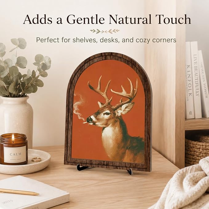 Vintage Deer Art Decor - Arched Wooden Frame with Stand, Retro Whimsical Animal Wall & Tabletop Decor for Living Room, Bedroom, Office, Funny Novelty Home Accent, Unique Housewarming Gift