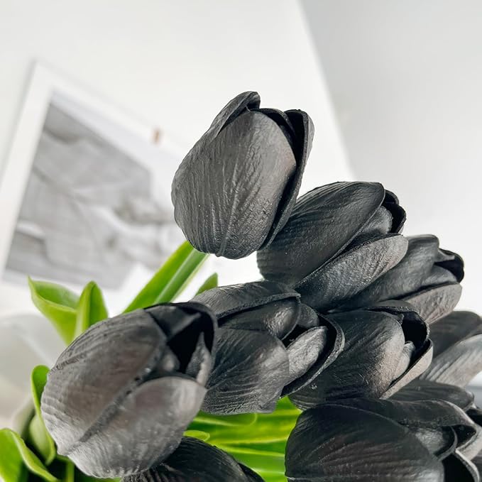 20 Pcs 13” Real Touch Black Tulips Artificial Flowers, Latex Pu Fake Faux Lifelike Flowers with Stems, for Halloween Home Decor Wedding Bouquet
