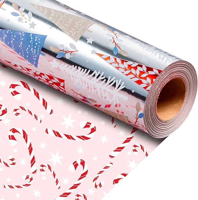 MAYPLUSS Christmas Wrapping Paper Roll - 17IN X 33FT - Silver Gift Wrapping Paper Featuring Triangle Christmas Tree Against Silver Reversible Candy Cane for Kids, Holiday, New Year