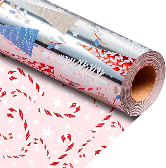 MAYPLUSS Christmas Wrapping Paper Roll - 17IN X 33FT - Silver Gift Wrapping Paper Featuring Triangle Christmas Tree Against Silver Reversible Candy Cane for Kids, Holiday, New Year