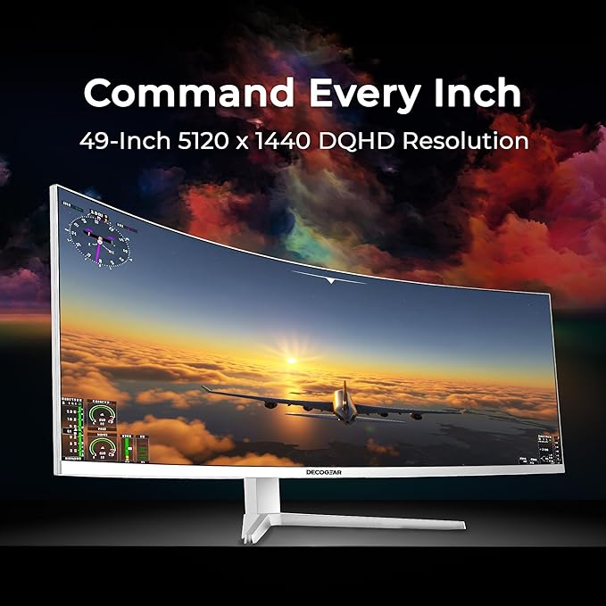 Deco Gear 49" Curved Ultrawide 5K Gaming Monitor, 32:9, 120 Hz, 101% NTSC 100% sRGB, USB-C 65W, Adjustable, Home Office and Entertainment Workstation - Exclusive White Edition