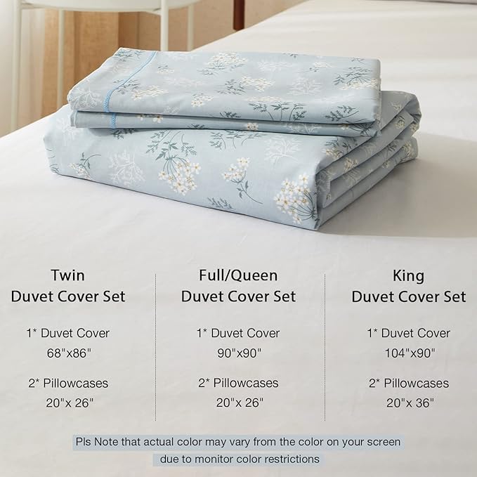 EAVD Boho Floral Duvet Cover King Soft Cotton Floral Blue Duvet Cover with 2 Pillowcases Chic Shabby Garden Flower Bedding Set Reversible Garden Floral Comforter Cover with Zipper Closure