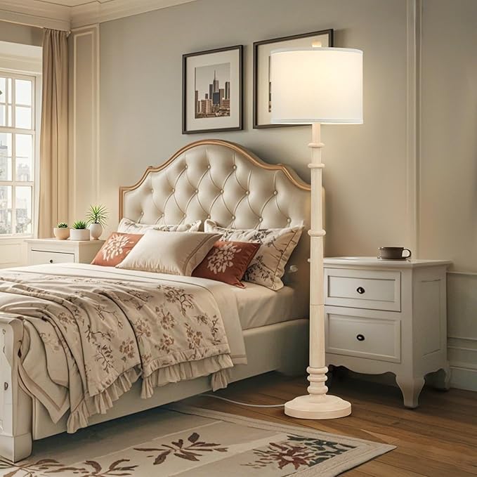Floor Lamps for Living Room - 60" Resin Farmhouse Floor Lamp with Adjustable Color Temperatures - Vintage Standing Lamp Reading Light with Linen Shade Rustic Tall Lamp for Bedroom Office, Oatmeal Wash