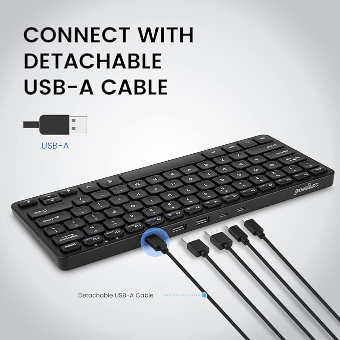 Perixx PERIBOARD-416 Wired Mini USB Keyboard with 4 Hubs - X Type Scissor Keys - Detachable USB-C and A Cable - US English