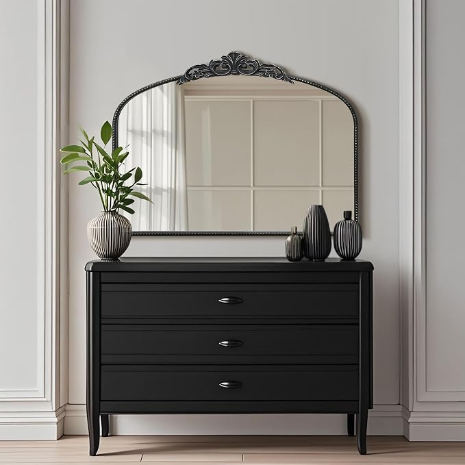 Micasso Vintage Black Arched Mirror: 36"x29" French Baroque Antique Wall Mounted Mirror - Traditional Ornate Decorative for Wall/Fireplace/Entryway/Bathroom/Hallway - Home Decor for Living Room