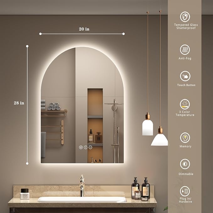 20x28 Inch Backlit Arched LED Mirror for Bathroom, Dimmable Lighted Vanity Mirror for Wall, Anti-Fog, 3 Colors, Memory, ETL Listed