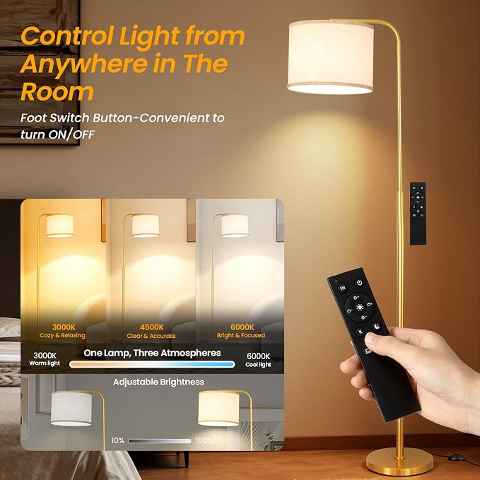 Floor Lamp for Living Room and Bedroom - Modern Standing Lamps Tall with Dimmable LED Bulb and Remote Control - Black Stand Arc Light With Shade for Reading Home Decor Corner and office（Gold）