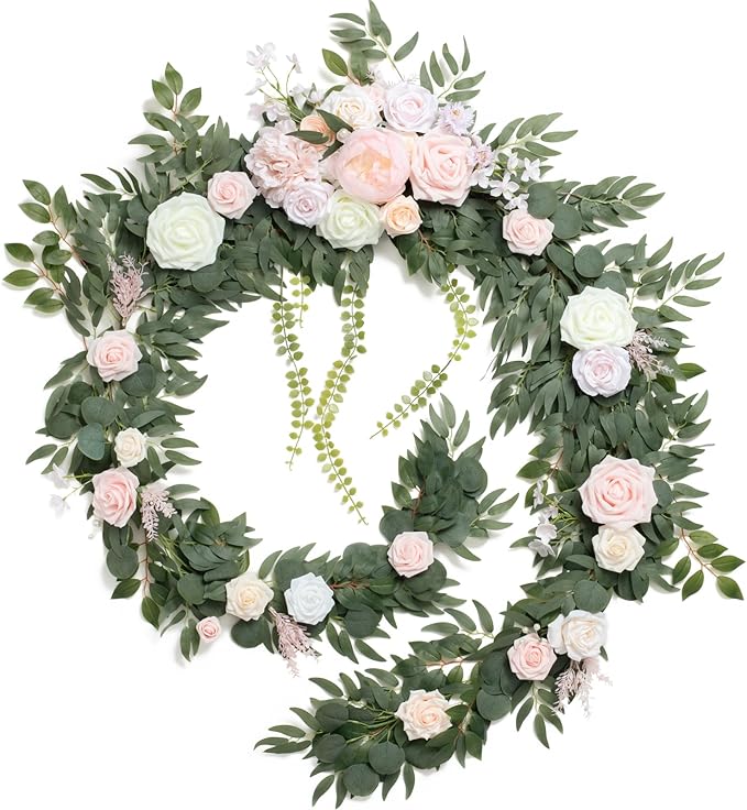 Ling's moment 9FT Flower Garland for Backdrop Decorations - Wedding Arch Flowers, Eucalyptus & Rose, Artificial Floral Garland for Mantle - Sweetheart Table Decor for Ceremony Reception, French Pink