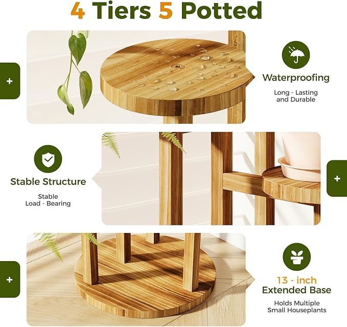Bamworld Plant Stand Indoor Plant Shelf 4 Tier Wood Plant Stand for Multiple Plants Tall Corner Plant Stands for Outdoor Round Flower Stand Plant Holder for Living Room Patio Garden Balcony Brown