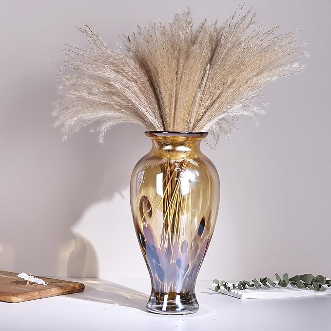 11.8" Tall Amber Gold Glass Vase Beautiful Hand Blown Glass Vase Modern Art Home Decor, Wide Mouth Colorful Vases for Mantle Dining Table Centerpiece, Entryway Living Room Wedding Decoration