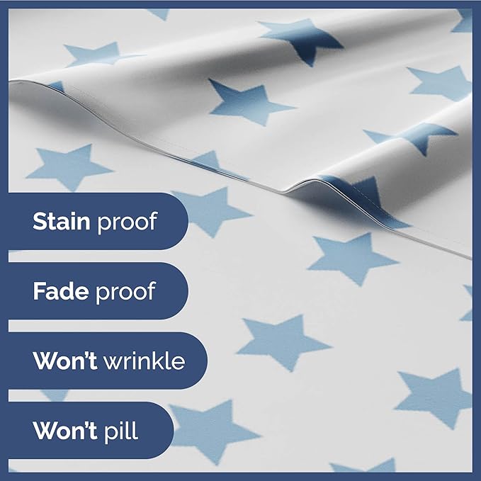 Kids Blue Stars Twin 3 Piece Sheet Set - Boys, Girls, Teens, Toddler - Easy Fit Deep Pockets - Breathable, Hotel Quality Sheets - Machine Washable - Wrinkle Free - Cute, Cozy, Soft - CGK Linens