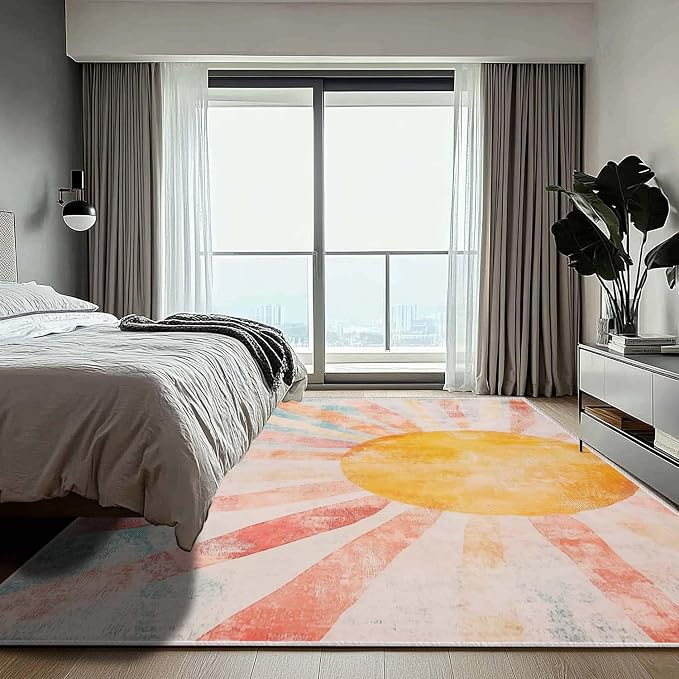 8x10 Boho Sun Area Rug Retro Orange Yellow Blue Beige Bedroom Rug Low Pile Thin Large Carpet Living Room Non Slip Dining Room Stain Resistant Office Washable Machine Classroom