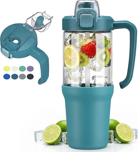 32oz Glass Water Bottle, 2-in-1 Straw and Sip Spout Lid, Leakproof Wide Mouth Tumbler with Handle, BPA-Free Reusable Bottle for Sports, Office, Outdoor, Peacock Blue