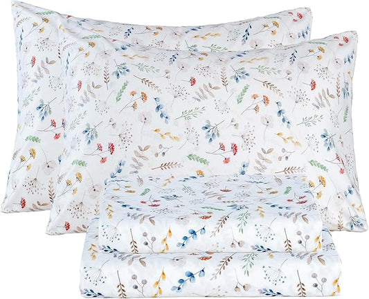 Bedlifes Queen Size Extra Deep Pocket Sheet Sets - Fits Mattresses Up to 18-24" Thick, 4-Piece Microfiber Set with 1800 Thread Count, Soft, Smooth, Breathable, Featuring White Floral