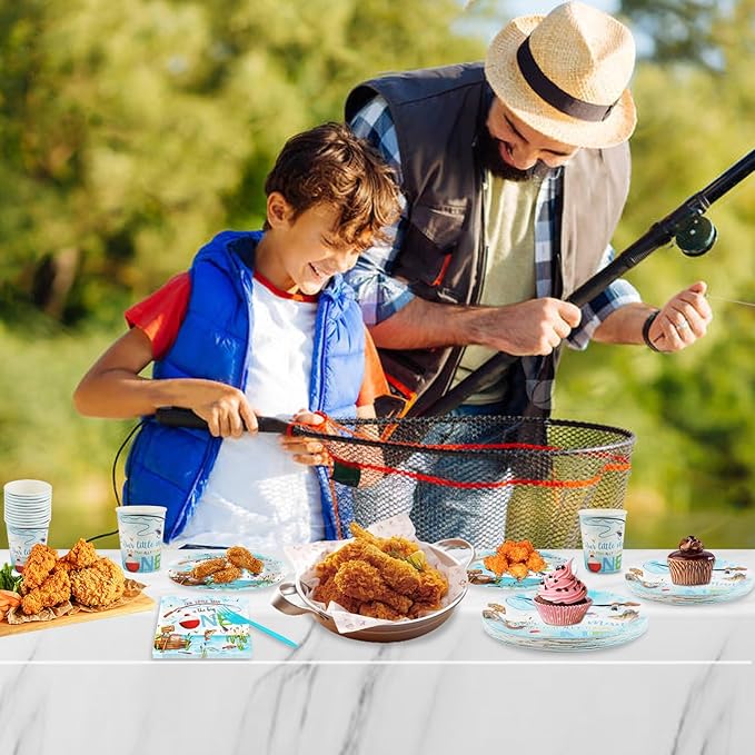 120 PCS Ofishally One Birthday Party Decorations, Ofishally One Paper Plates, Napkins Cups and Forks Tableware Set, Fishing Party Decor Supplies for 1st Fish Birthday Christmas Parties, Serves 24