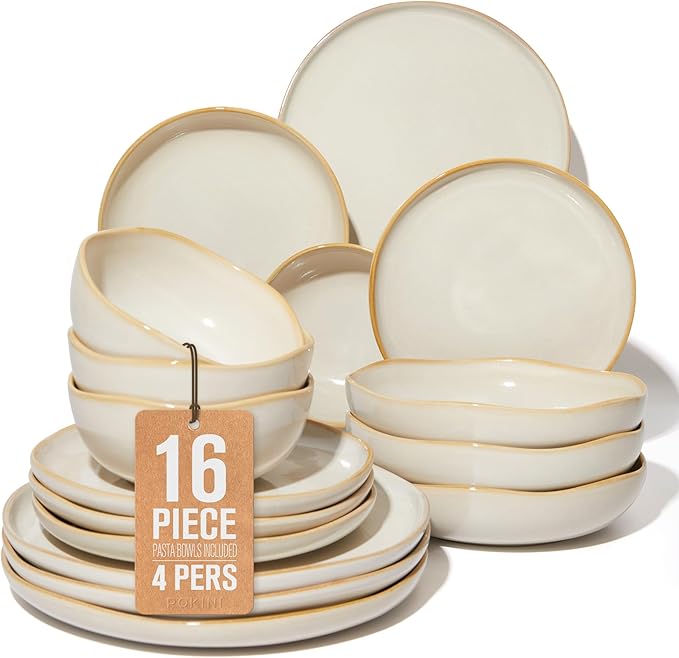 Pokini Plates and Bowls Sets, 16 Pieces Dinnerware Set for 4 with Pasta Bowls, Handmade Dishes Set, Chip Resistant Dishware Sets, Microwave Safe Dinner Set, Designed for Interactive Meal, Yellow White
