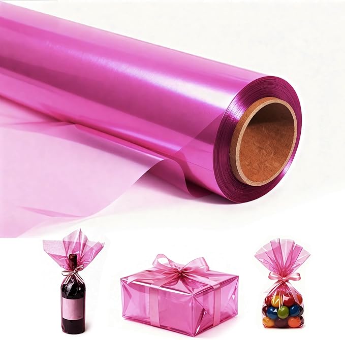 200 ft Pink Cellophane Wrap Roll (16 In x 200 Feet) - 2.5 Mil Thick for Gift Baskets, Bouquets, Party Decorations