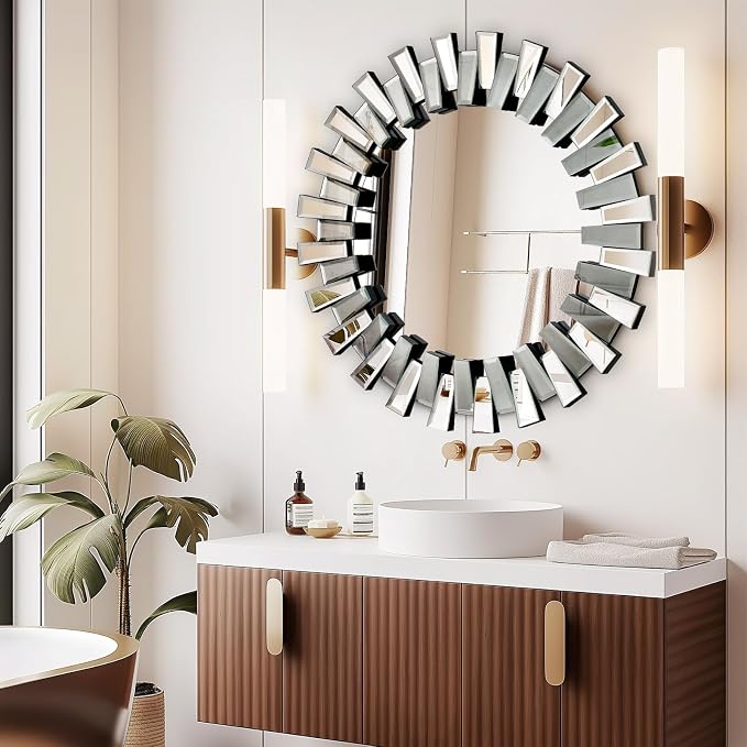 QDSSDECO Round Mirror Sunburst Wall Mirror 24" Beveled Edge Frameless for Living Room Bathroom Bedroom Entryway Decor