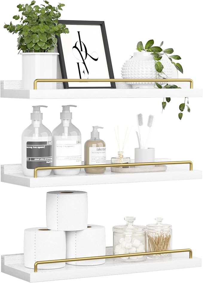 RYOFOBETTO Floating Shelves for Wall Decor, White and Gold Shelves for Bathroom, Living Room, Bedroom, Picture Frames, Plants, Kitchen (Set of 3)
