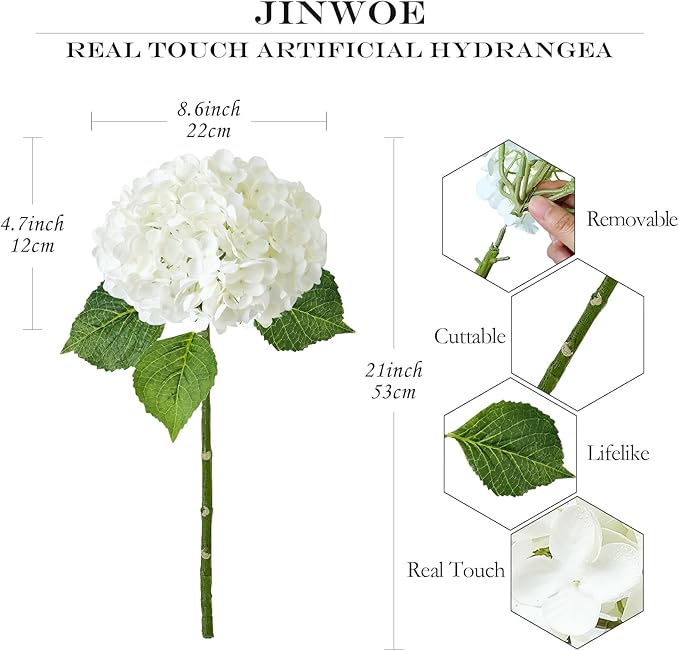 White Hydrangea Artificial Flowers, 3Pcs Large 21” Royal Real Touch Latex Silk Flowers Faux Hydrangea, Lifelike Fake Flower for Spring Wedding Bouquet Table Centerpieces Indoor Home