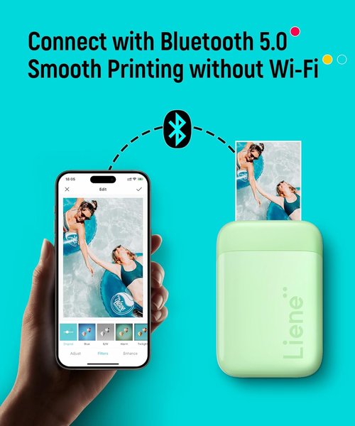 Liene Pearl K100 Photo Printer - Mini 2x3” Portable Instant Printer | Bluetooth 5.2, Green, 50 Zink Adhesive Paper
