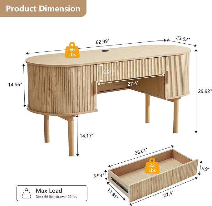 ORRD Home Office Oval Desk with Sliding Tambour Door and Drawer, Modern Fluted Wood Executive Computer Storage Desk for Study, Living Room, Bedroom, Office - Natural