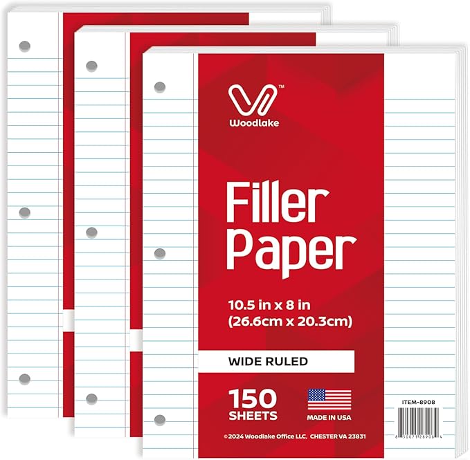 Woodlake Loose Leaf Paper, Wide Ruled Notebook Paper, 8 x 10.5”, 150 Sheets per Pack, 3 Pack Bulk Lined Filler Paper, 3 Hole Punched, 60gsm, Made in USA