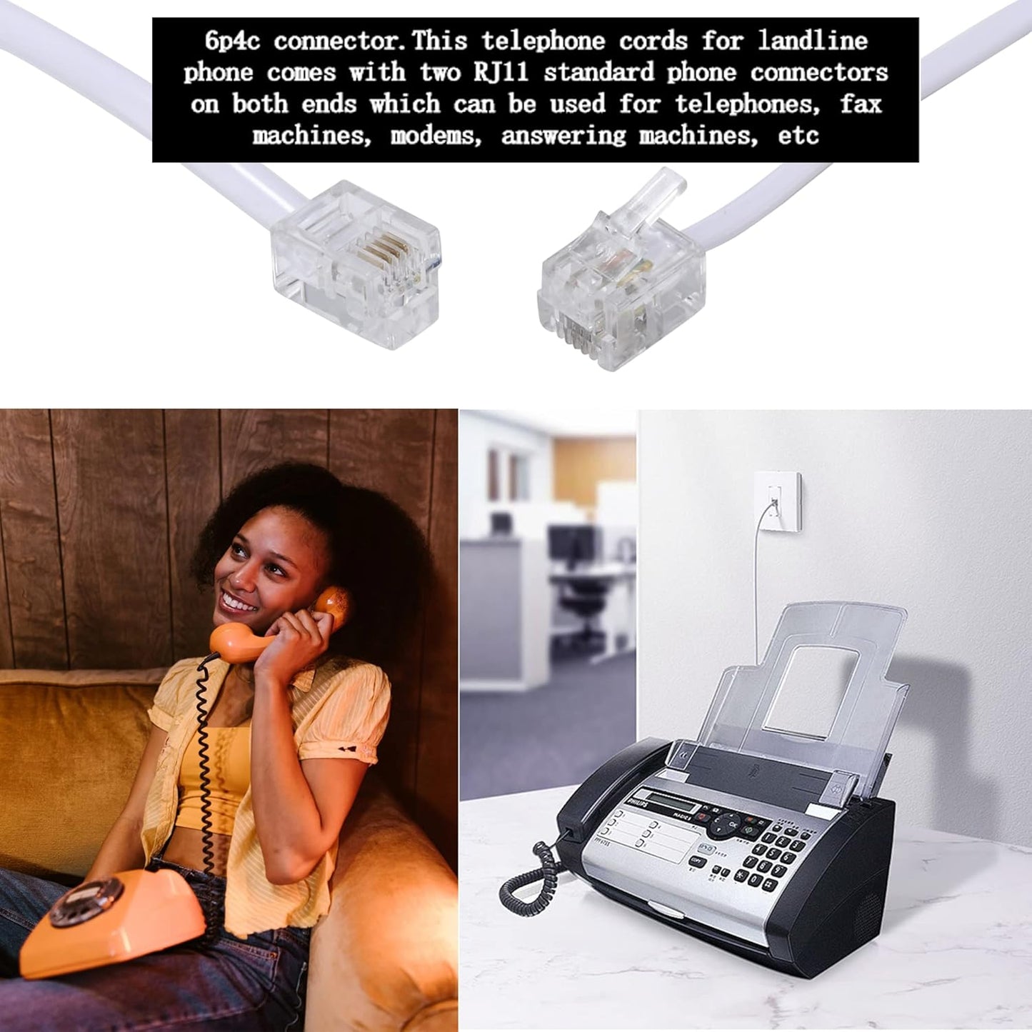 25 Feet Long Telephone Extension Cord by [Brand Name] - Standard RJ11 Plug, In-Line Couplers & Cable Clips | White