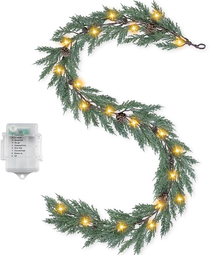 Artgar Christmas Cedar Garland, 6 Ft Realistic Pine Garland, Prelit Christmas Garland with 30 Warm Lights with 8 Light Modes for Mantels Stair Table Indoor Outdoor Winter Xmas Decor (White-Green)