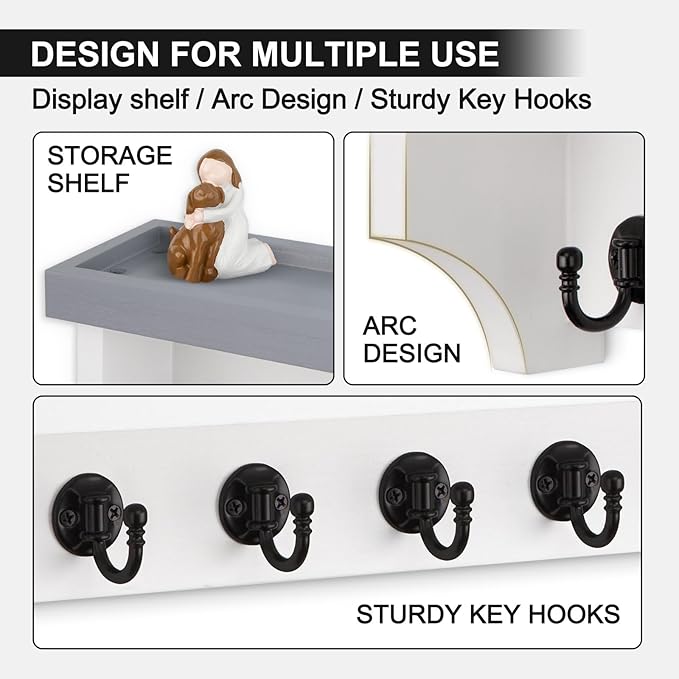 Lucundm Key and Mail Holder Wall Mount, Key Holder with Shelf and Mail Organizer Wall Mount. Mail Holder with 5 Hooks for Coat, Dog Leash, Home Decor Rack, Entry Way Organizer (Gray & White)