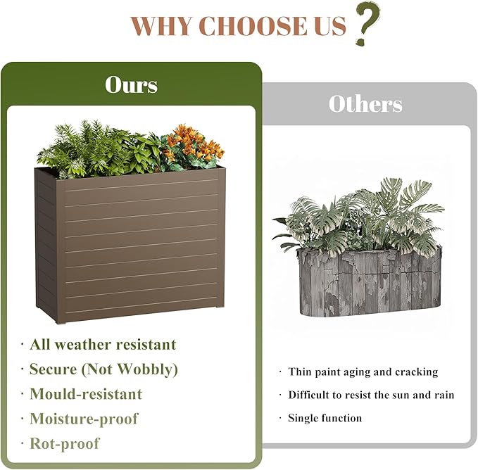 Outdoor Planter Box, Large Rectangular Planter with Removable Drip Tray, Suitable for Indoor or Outdoor Patios/Porches, Ideal for Planting Plants, Flowers, and Gardening (Brown)