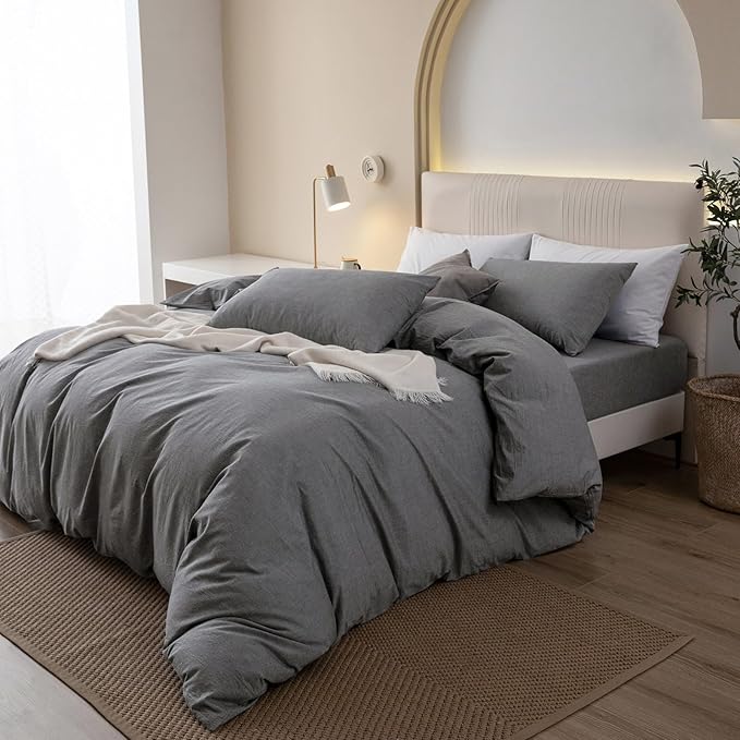 JIYUAN 100% Washed Cotton Duvet Cover Set 3 Pieces Cal King, 1 Duvet Cover 104x98 Inches (Comforter Not Included) and 2 Pillowcases,Linen Feel Bedding Set Comfy and Breathable, Heathered Dark Grey
