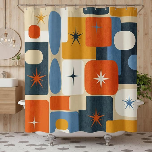 Mid-Century Modern Geometric Shower Curtain, Retro 1950s Atomic Starburst & Abstract Shapes, Vintage Orange Navy Blue Mustard Yellow Aesthetic Bathroom Decor, Waterproof Fabric, 72x72 Inch.