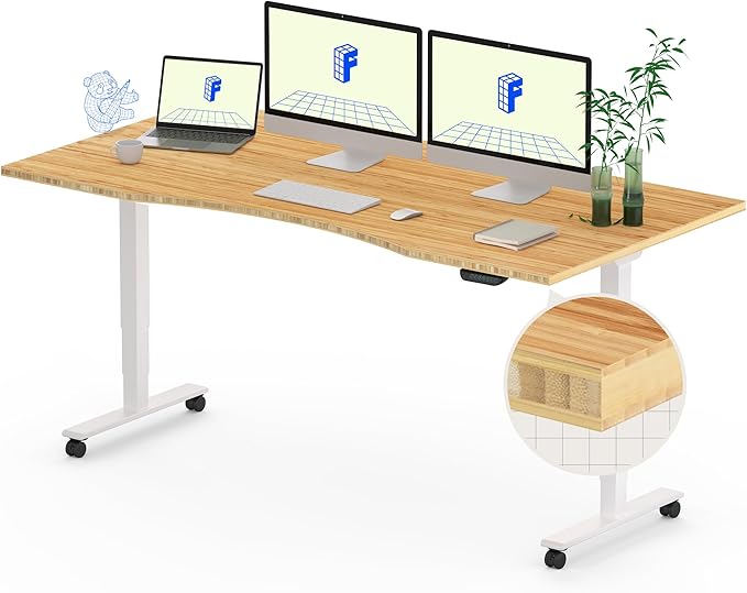 FLEXISPOT E6 MAX Bamboo Dual Motor 3 Stages Standing Desk 60x30 Inch Whole-Piece Board Electric Height Adjustable Stand Up Desk 150KG Load Capacity(White Frame + Bamboo Curved Desktop)