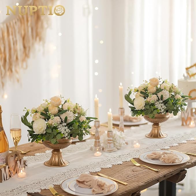 NUPTIO Distressed Gold Vases for Centerpieces: 2 Pcs Small Compote Vases for Flowers - Metal Pedestal Bowl Decor for Wedding Table Home