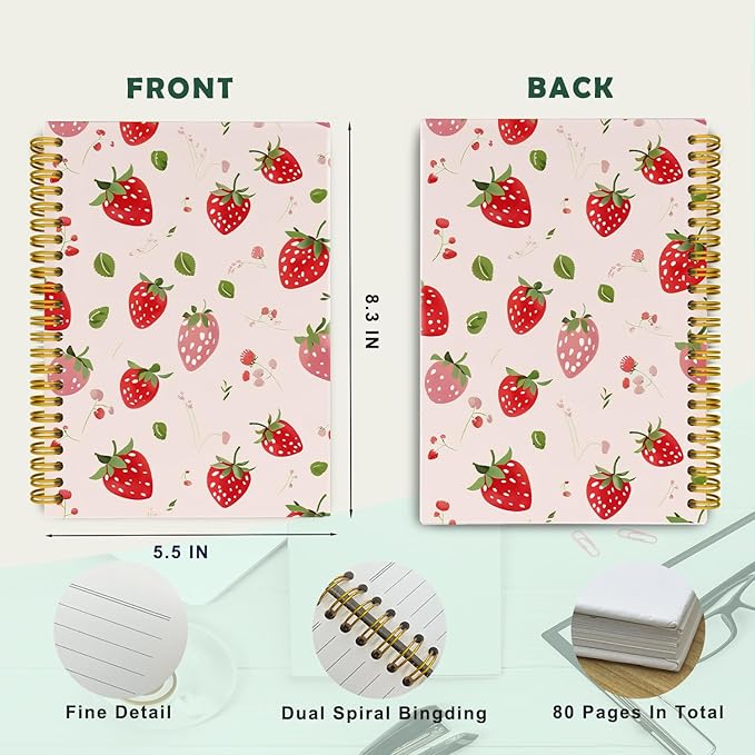 JKMBN Cute Strawberry Journaling Notebooks, Preppy Pink Spiral Notebook, Pink Office Supplies, Cute Notebooks for Women Girls, Hardcover Spiral Notebooks College Ruled 5.5 x 8.3